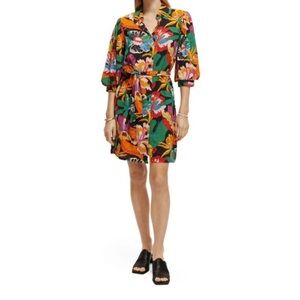 Scotch & Soda Linen Blend Orange Green Wrap Tie Front Mini Dress